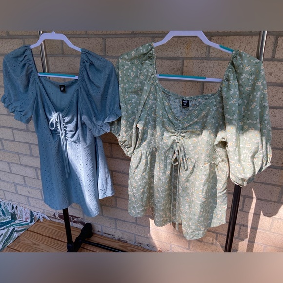 SHEIN Tops - Floral Bow Detail Cottagecore Puff Sleeve Peplum Blouse SET OF 2 Shein Lot Tops